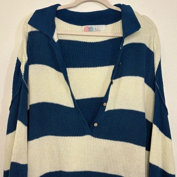 Free People Beach Knit Picnic Stripe Sweater Romper In Sailers Blue Combo medium - Picture 9 of 15